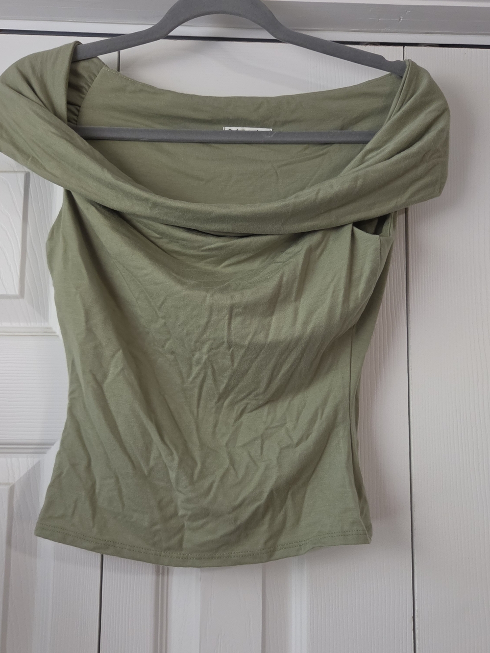 Reformation Sage Green Earthy Off Shoulder Ruched Blouse